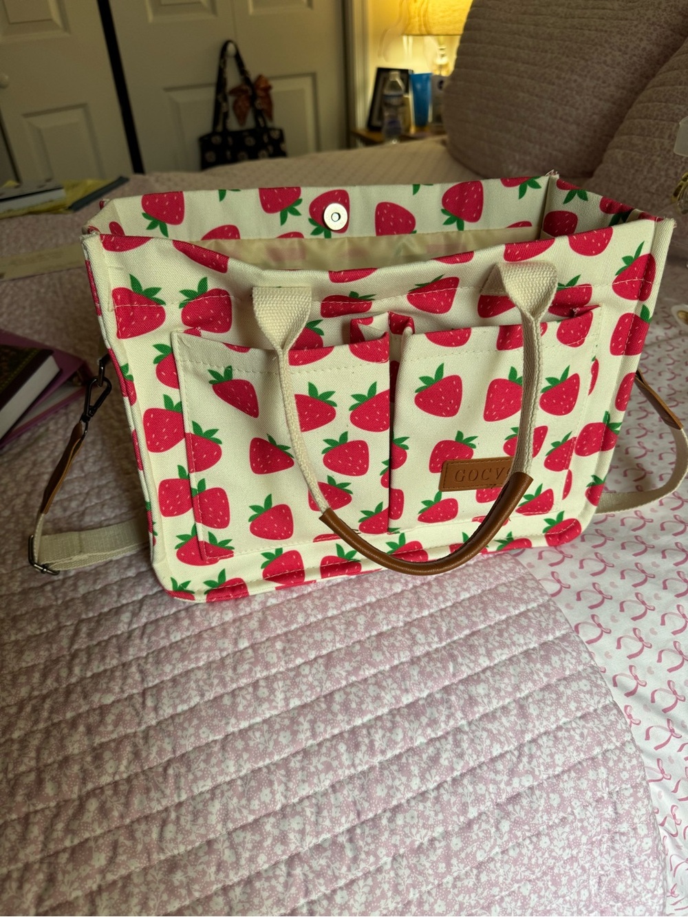 Strawberry Print Canvas Tote Bag with Removable Strap